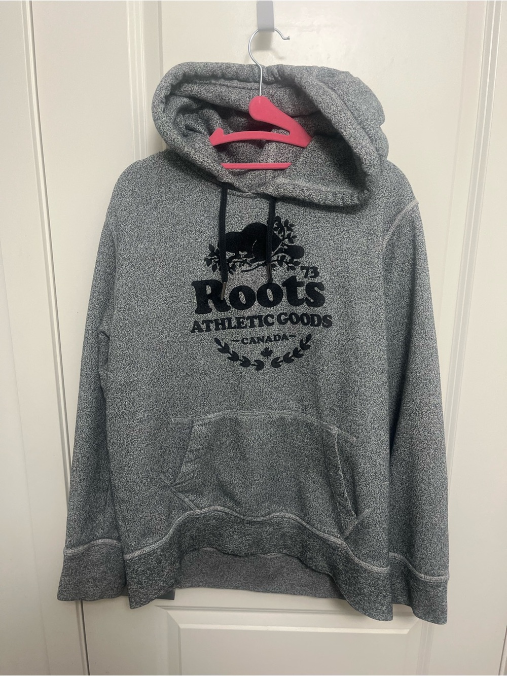 Roots Men's Salt & Pepper Hoodie with Black Logo in size S